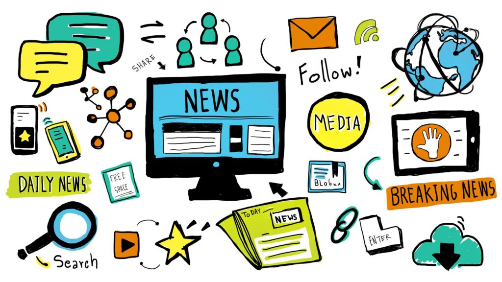 Nachrichtenmedien, Journalismus, Printmedien, digitale Medien, Technologie, Internet, soziale Medien, mobile Geräte, Online-Plattformen, Informationsverbreitung, Kommunikation